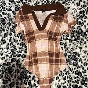 Plaid Bodysuit with Brown Collar